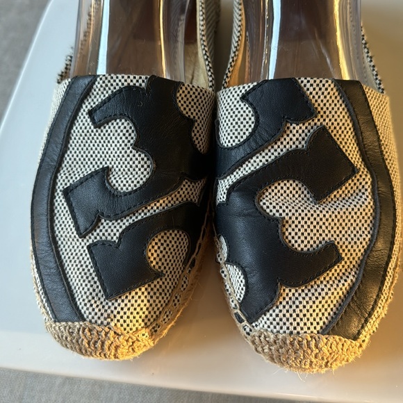 Tory Burch Black/White Canvas And Leather Logo Lonnie Espadrilles Flats Size 9M - Picture 2 of 13
